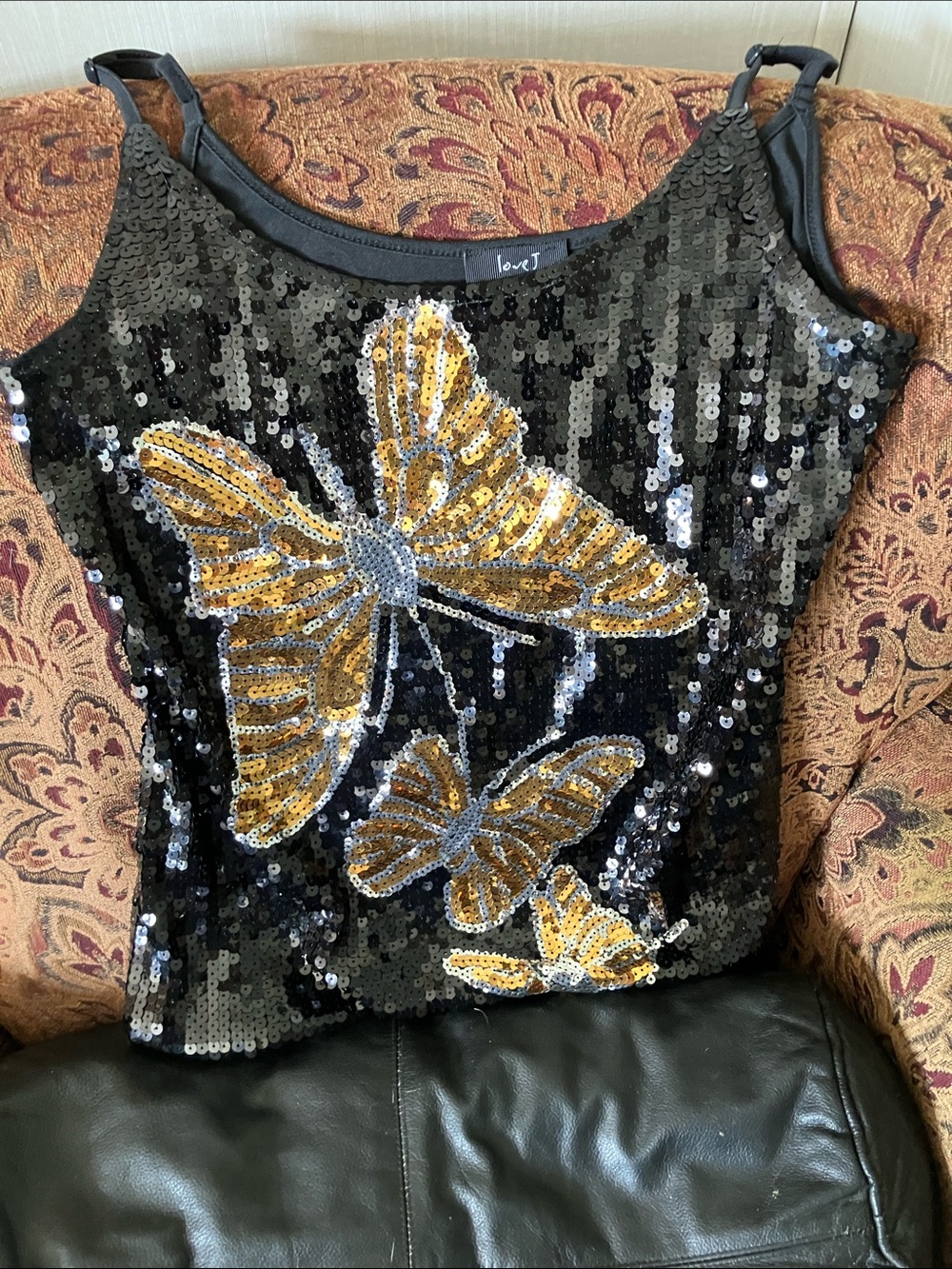 love J Black Sequin Camisole with Gold Butterfly Accents